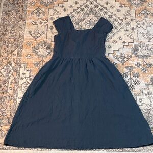 MATA TRADER L fitted bodice, cap sleeved,  linen blend dress, full skirt in blue
